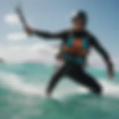 Close-up of a kiteboarder navigating through vibrant turquoise waters