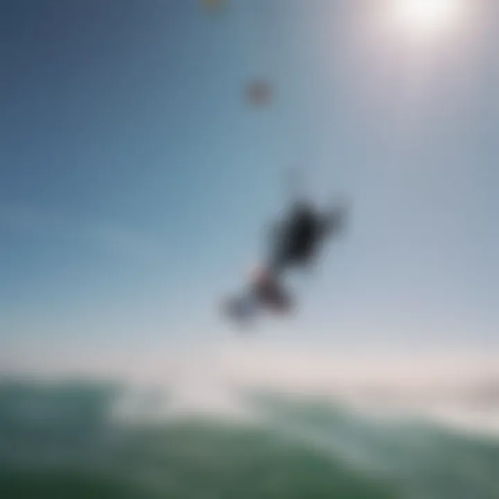 Action shot of kitesurfer's maneuvers filmed with kite camera mount