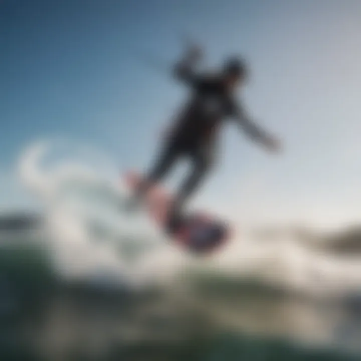 Close-up of a kiteboarder maneuvering through waves