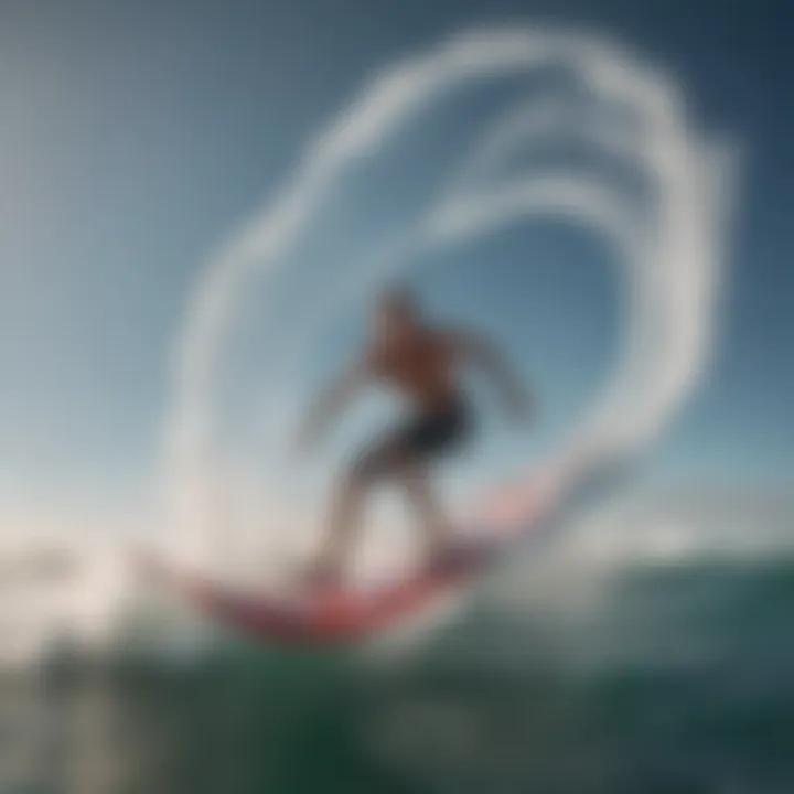 An aerial perspective of a surfer utilizing an air foil amidst dynamic ocean waves, illustrating maneuverability.