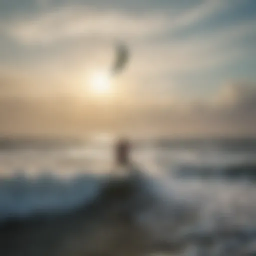 Aerial view of kite surfer riding waves in Outer Banks