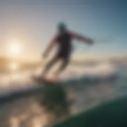 Aerial view of kite surfer riding waves