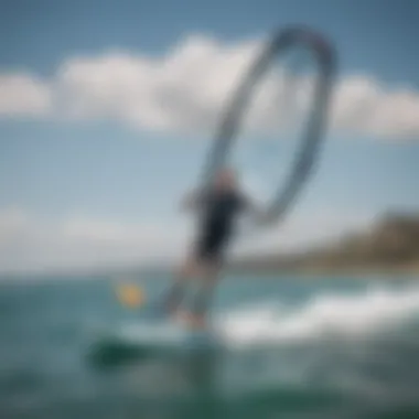 An aerial view of a kiteboarder soaring above the water using an electric foil hydrofoil