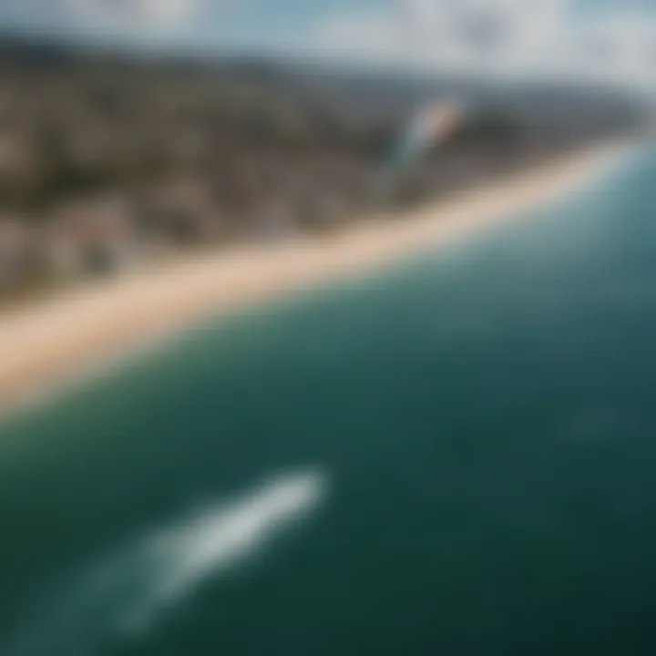 Aerial view of a kitesurfer performing tricks with an inflatable kite