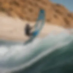 Aerial view of a kitesurfer mastering the waves with the formula board