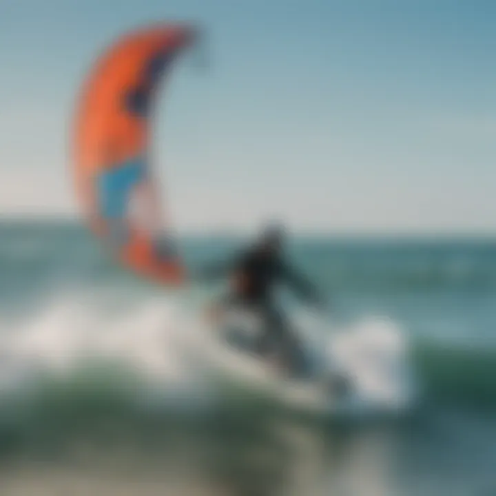 Aerial view of kitesurfers riding waves