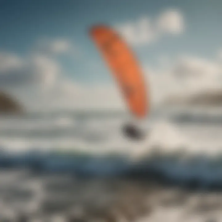 Aerial view of kitesurfing enthusiast riding waves with low wind kite