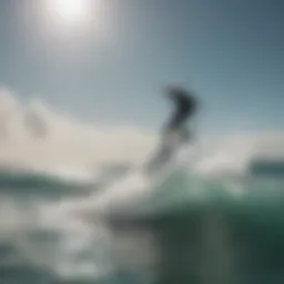 A surfer gliding over the water using an air foil, showcasing the performance of the equipment in action.