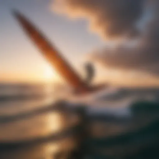 An aerial view of wingsurfing at sunset showcasing vibrant colors in the sky and water.