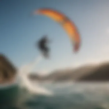 An enthusiastic person practicing wingsurfing with a stunning coastal backdrop, demonstrating technique and balance.