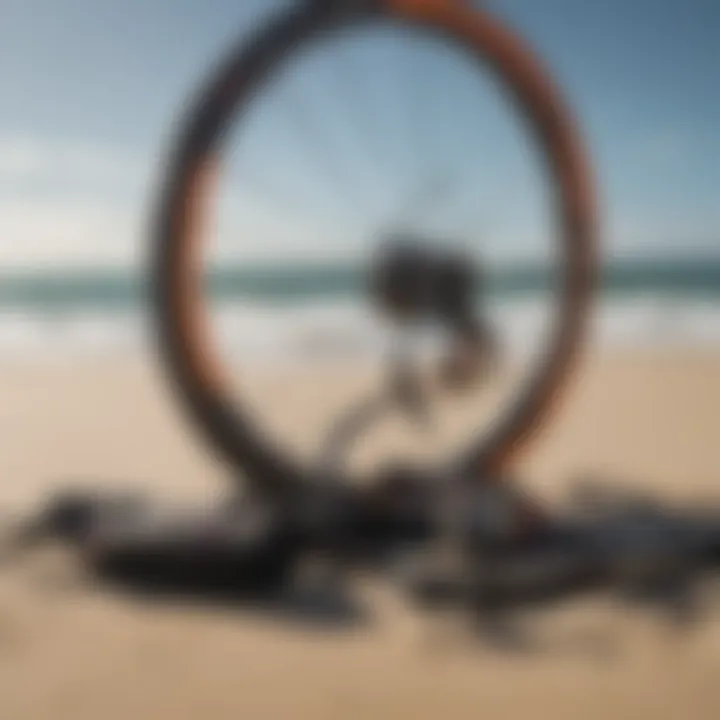 Kitesurfing gear and equipment arranged on the beach