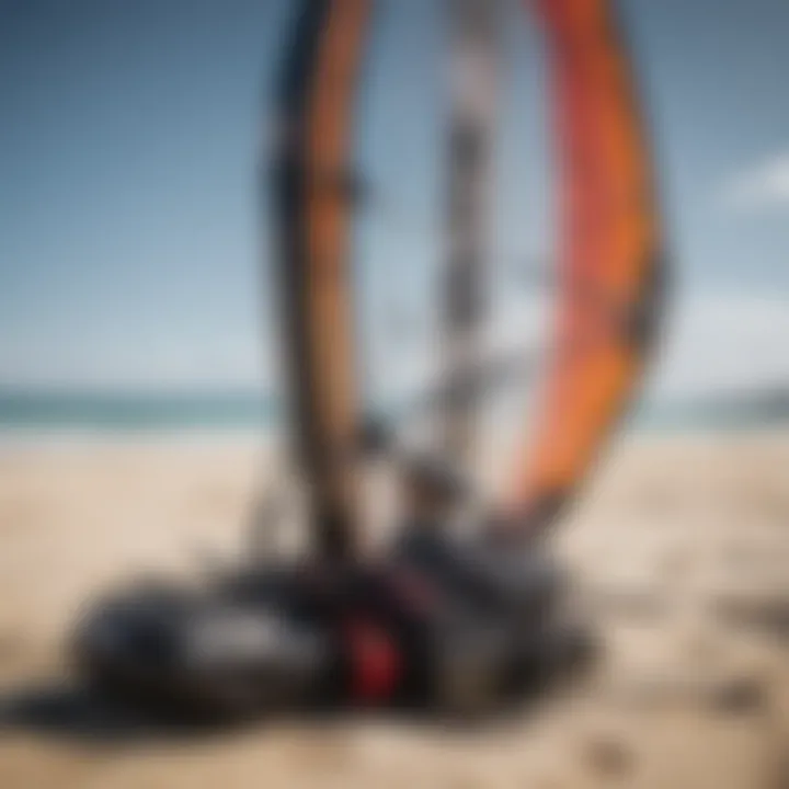 Close-up of kitesurfing equipment ready for action on the beach