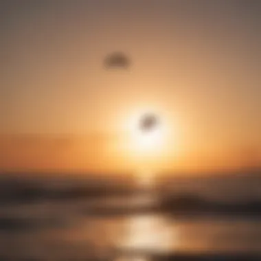 Silhouette of kitesurfers at sunset against the ocean backdrop