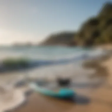 A serene beach setting with a paddle board and pump in the background