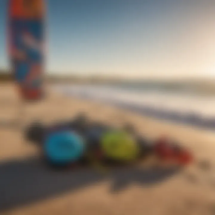 Colorful kiteboarding setup on the beach