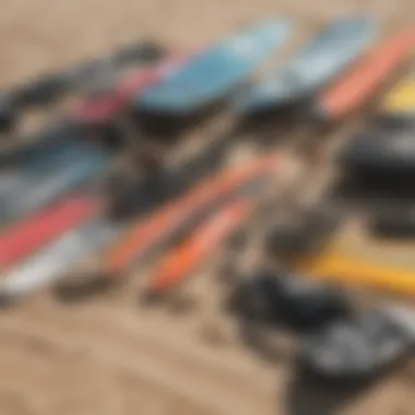 Kiteboarding equipment laid out for selection by a novice