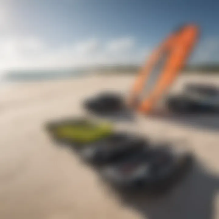 Kitesurfing equipment lined up against the backdrop of Bonaire's sandy beaches