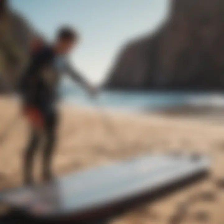 Kitesurfer inspecting a foil board