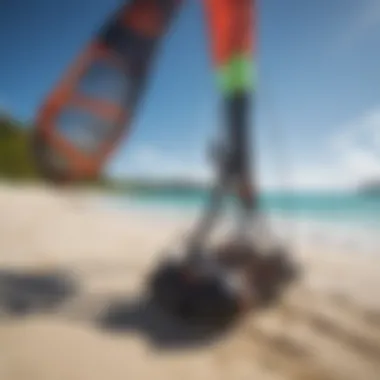 A close-up of eco-friendly kitesurfing gear displayed at a local resort, emphasizing sustainable travel options for enthusiasts.