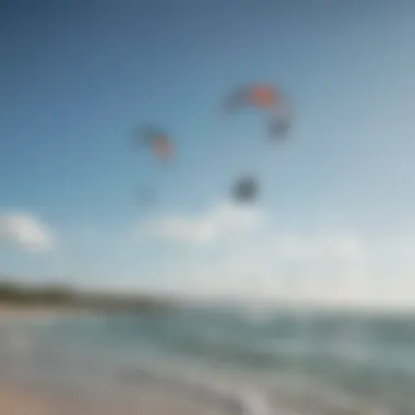 A panoramic view of a serene cat island beach with kitesurfers in the distance, showcasing vibrant waters and clear skies.