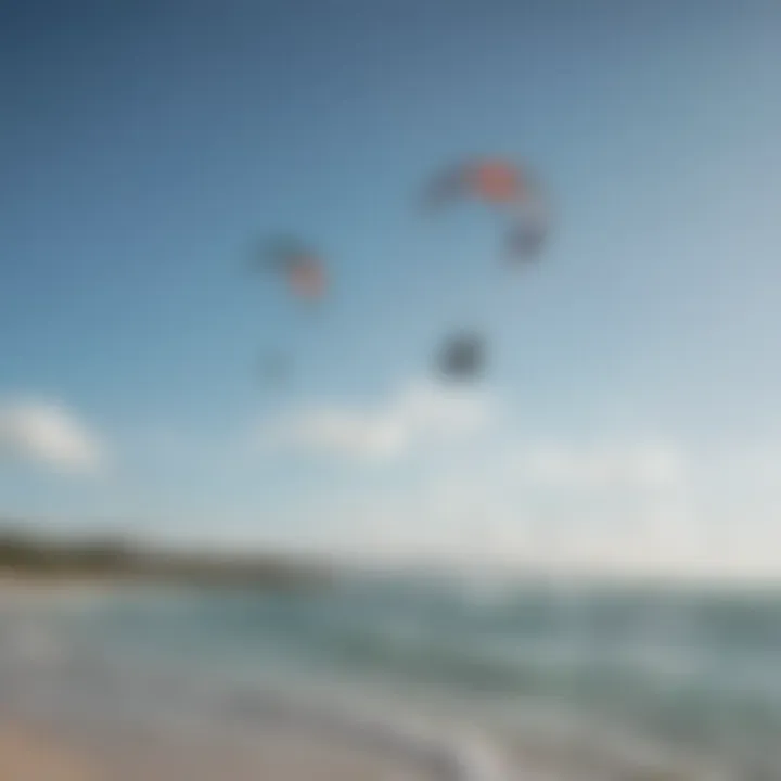 A panoramic view of a serene cat island beach with kitesurfers in the distance, showcasing vibrant waters and clear skies.