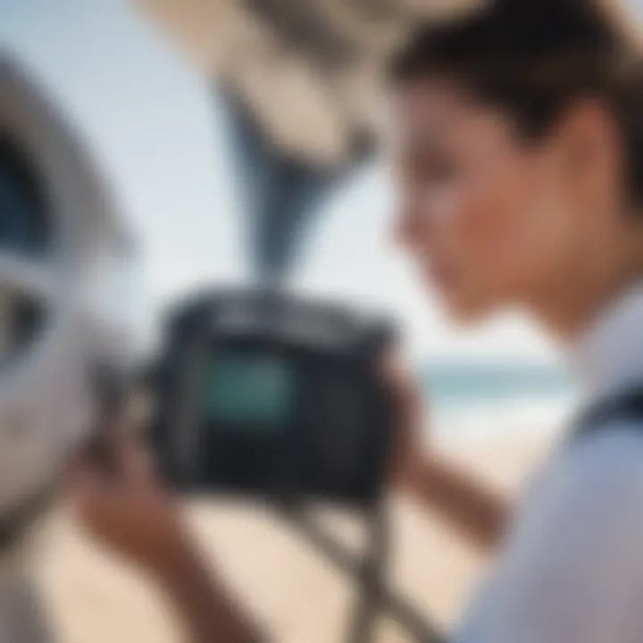 Close-up of flight attendant checking functionality of pump