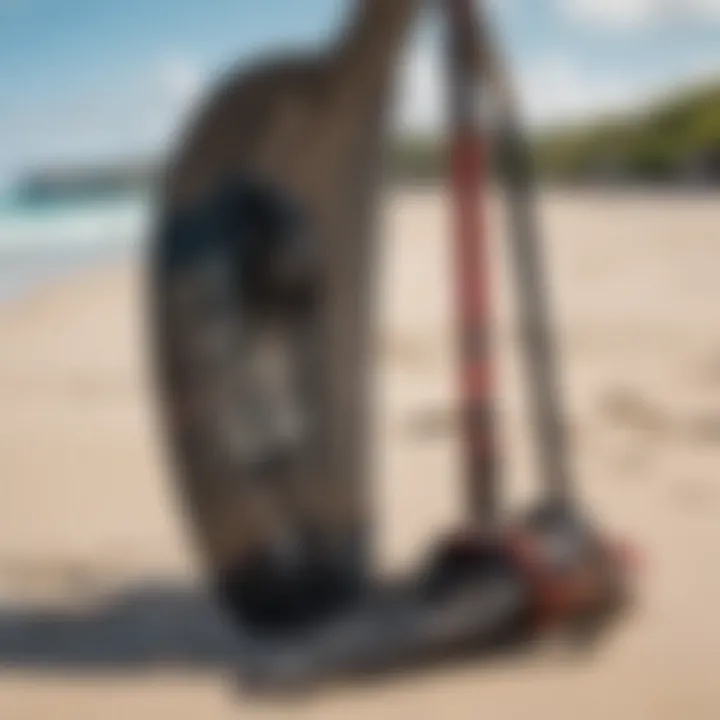 Close-up of kiteboarding equipment on a pristine beach in Antigua