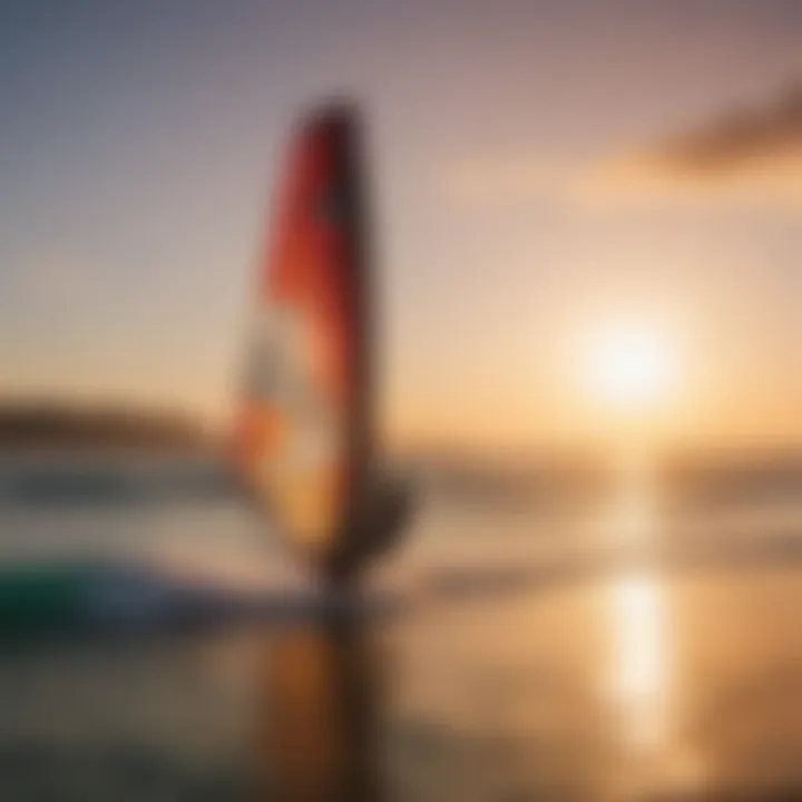 Close-up of kitesurfing board and kite against sunset sky