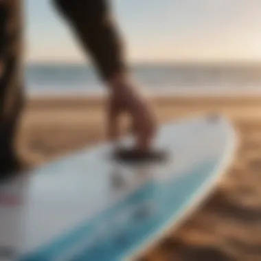 Close-up of quality check on a second-hand kite board