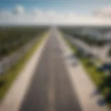 Aerial view of palm tree-lined runway at the airport