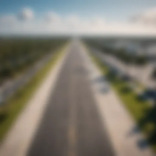 Aerial view of palm tree-lined runway at the airport