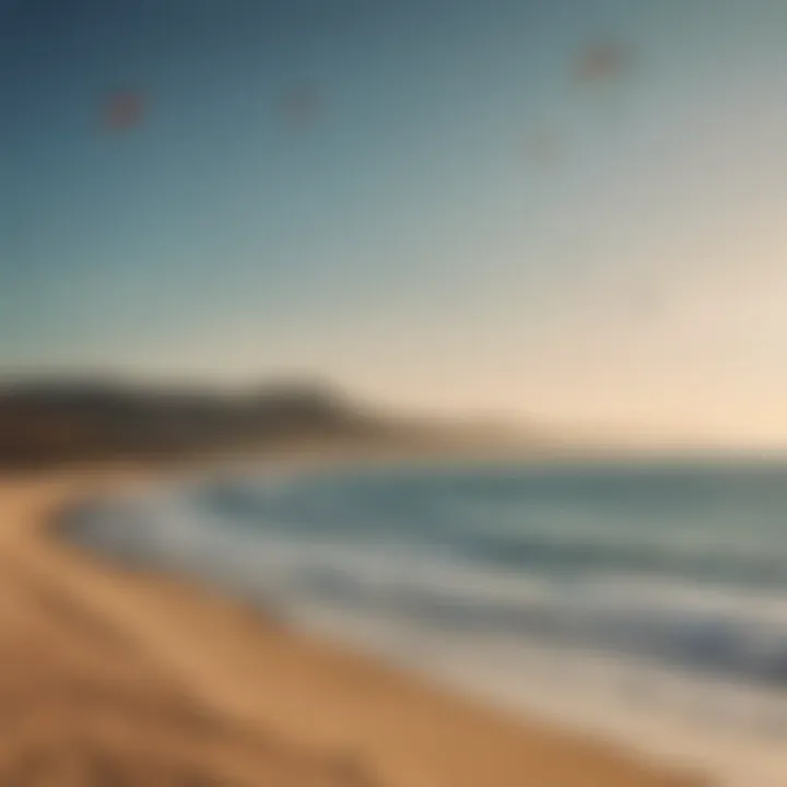 Scenic coastal view with multiple duotone kites dotting the sky