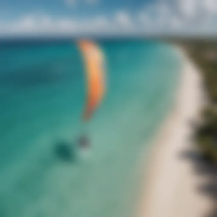 An aerial perspective of kitesurfers gliding over the turquoise waters, highlighting the perfect conditions for the sport in St. Lucia.