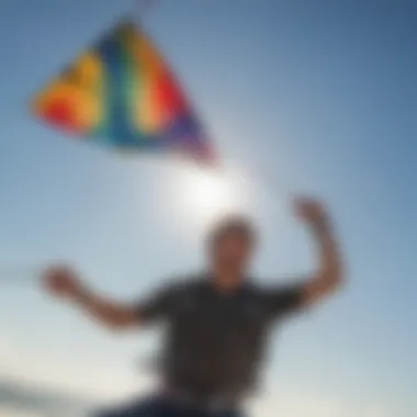 Colorful kite soaring high against the blue sky in Outer Banks