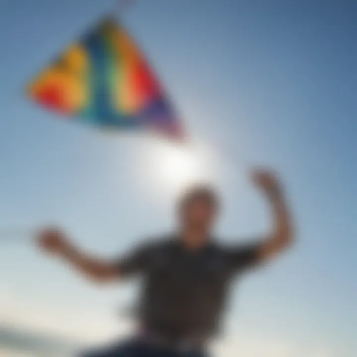 Colorful kite soaring high against the blue sky in Outer Banks