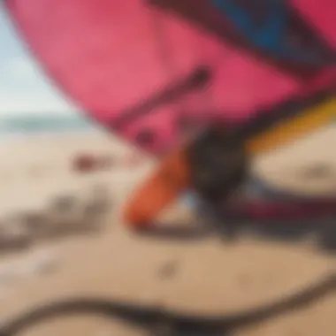 Close-up of colorful kite surfing equipment on the beach