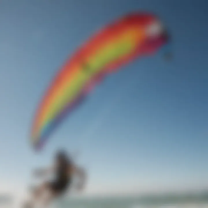 Close-up shot of a colorful kiteboarding kite in the sky