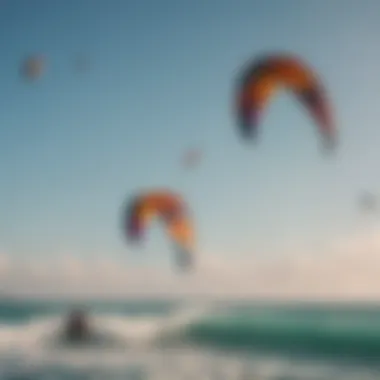 Panoramic shot of colorful kites flying in the sky over the ocean