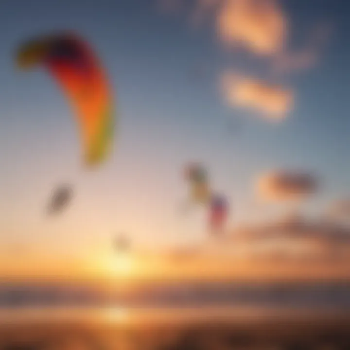 Colorful kites soaring in the sky during sunset