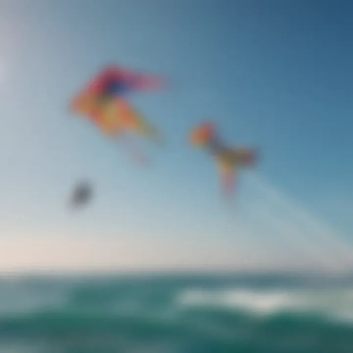 A close-up of colorful kites soaring high in the sky over crystal blue waters