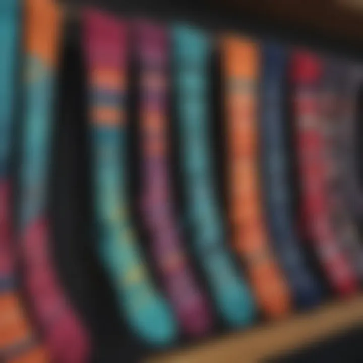 Colorful neoprene surfing socks assortment on display