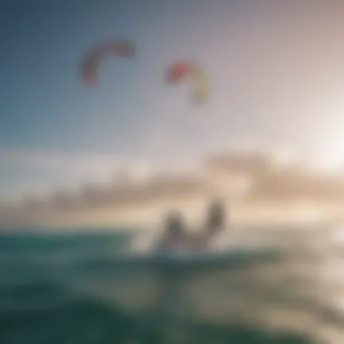 Kitesurfers gliding over the waves of Diani Beach under a vibrant sky