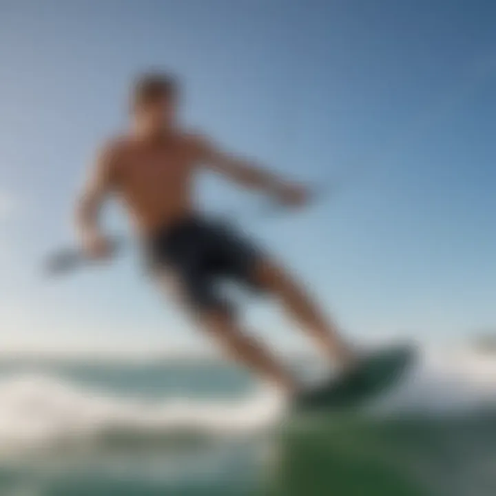 Kitesurfer wearing neoprene board shorts in action on the water