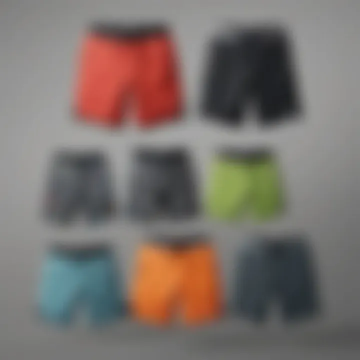 Illustration of various styles of neoprene board shorts displayed together