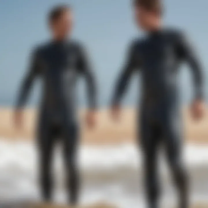 A side-by-side comparison of front zip and back zip wetsuits demonstrating their distinct features.