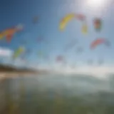 A vibrant assortment of kiteboarding kites displayed in a sunny beach setting