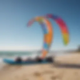 A vibrant kitesurfing setup on a sunny beach with colorful kites and boards