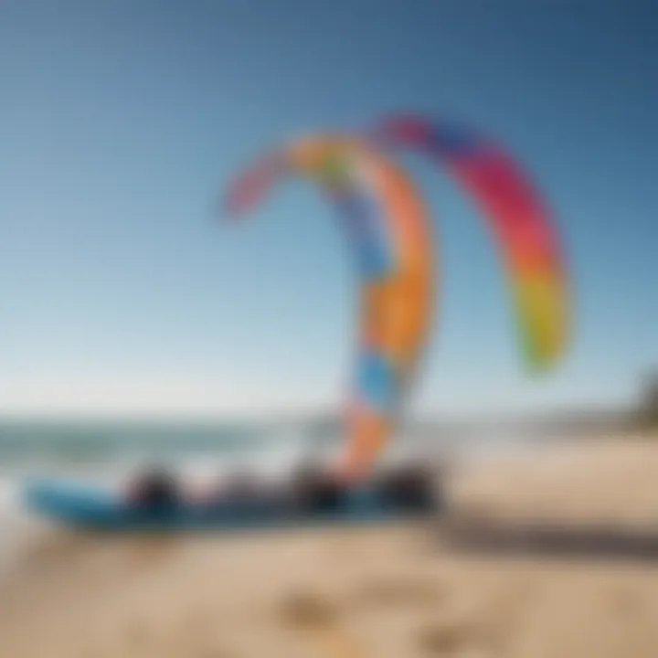 A vibrant kitesurfing setup on a sunny beach with colorful kites and boards