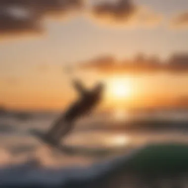 A breathtaking sunset view of a kitesurfer in action against the backdrop of the ocean