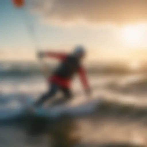 A vibrant kitesurfer navigating through waves with a colorful kite